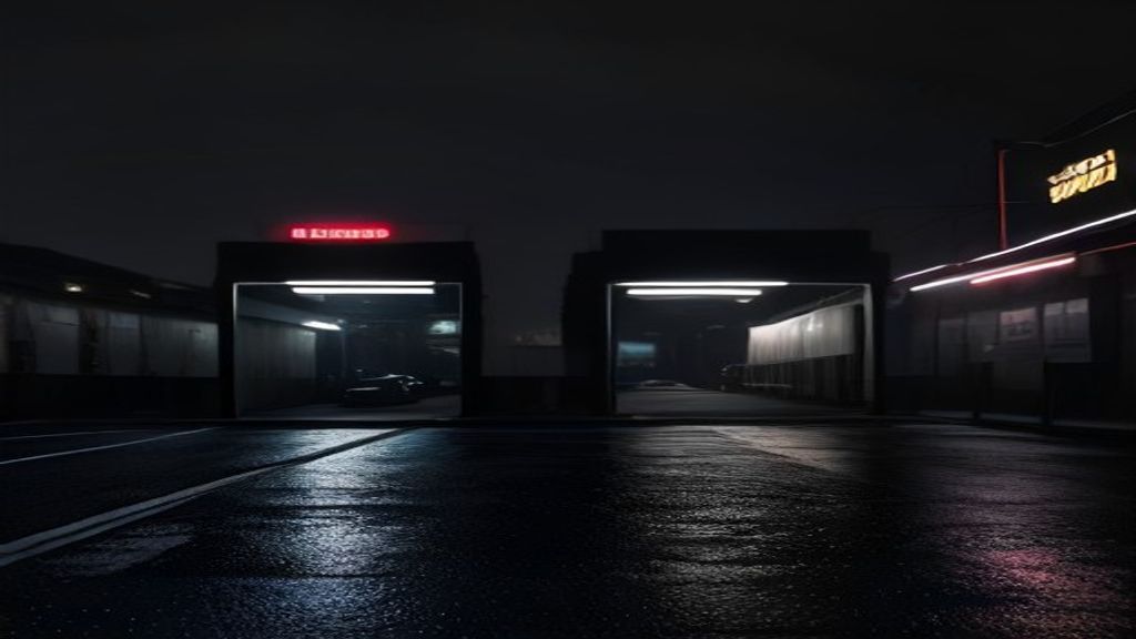 Car wash tunnel at dusk with discreet mesh cameras along the bay