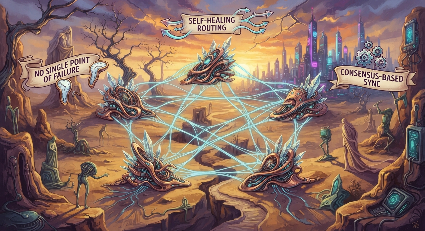 Cyberpunk illustration of interconnected nodes in a wastelan
