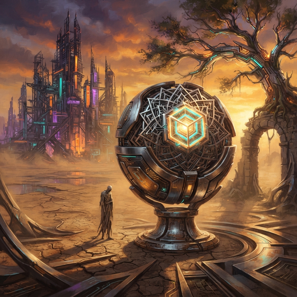 Cypherpunk gothic sphere artifact glowing in a futuristic ci