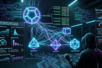 Benchmarking agent fleets, cypherpunk goth style, neon cyan and violet agent mesh visualization