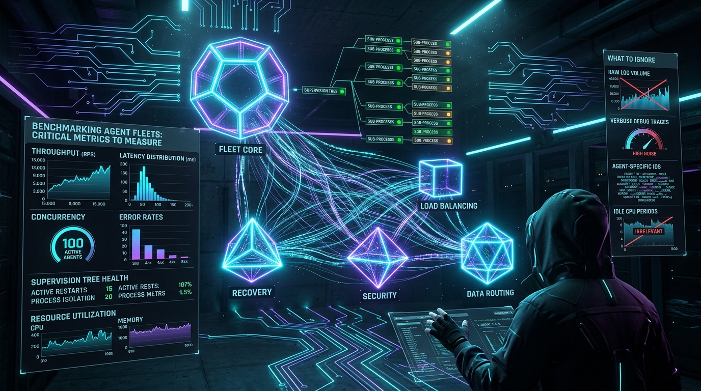 Benchmarking agent fleets, cypherpunk goth style, neon cyan and violet agent mesh visualization