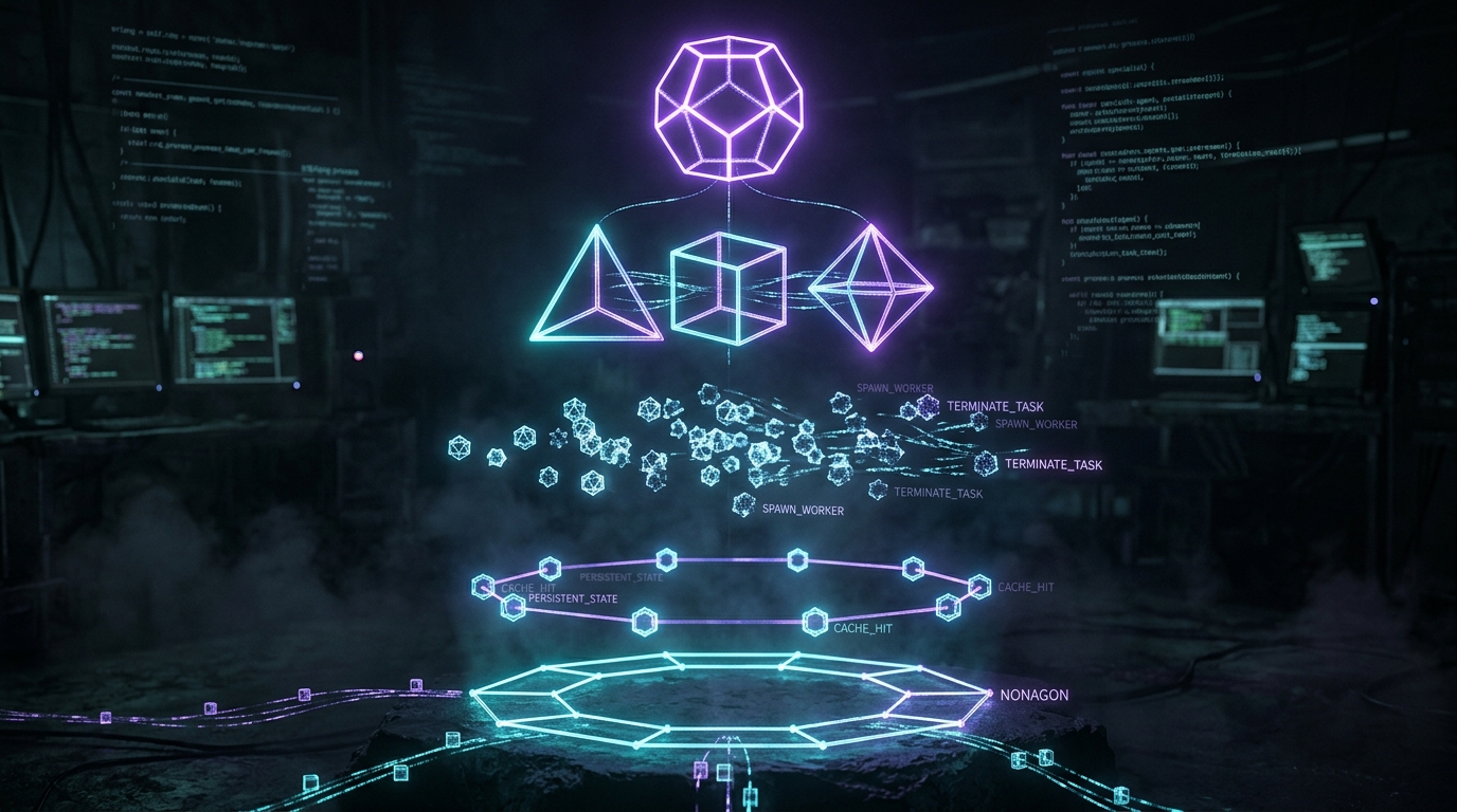 Nine ascending Platonic solids as a deployment model for an Erlang agent mesh, cypherpunk goth dark scene with neon cyan and violet glow