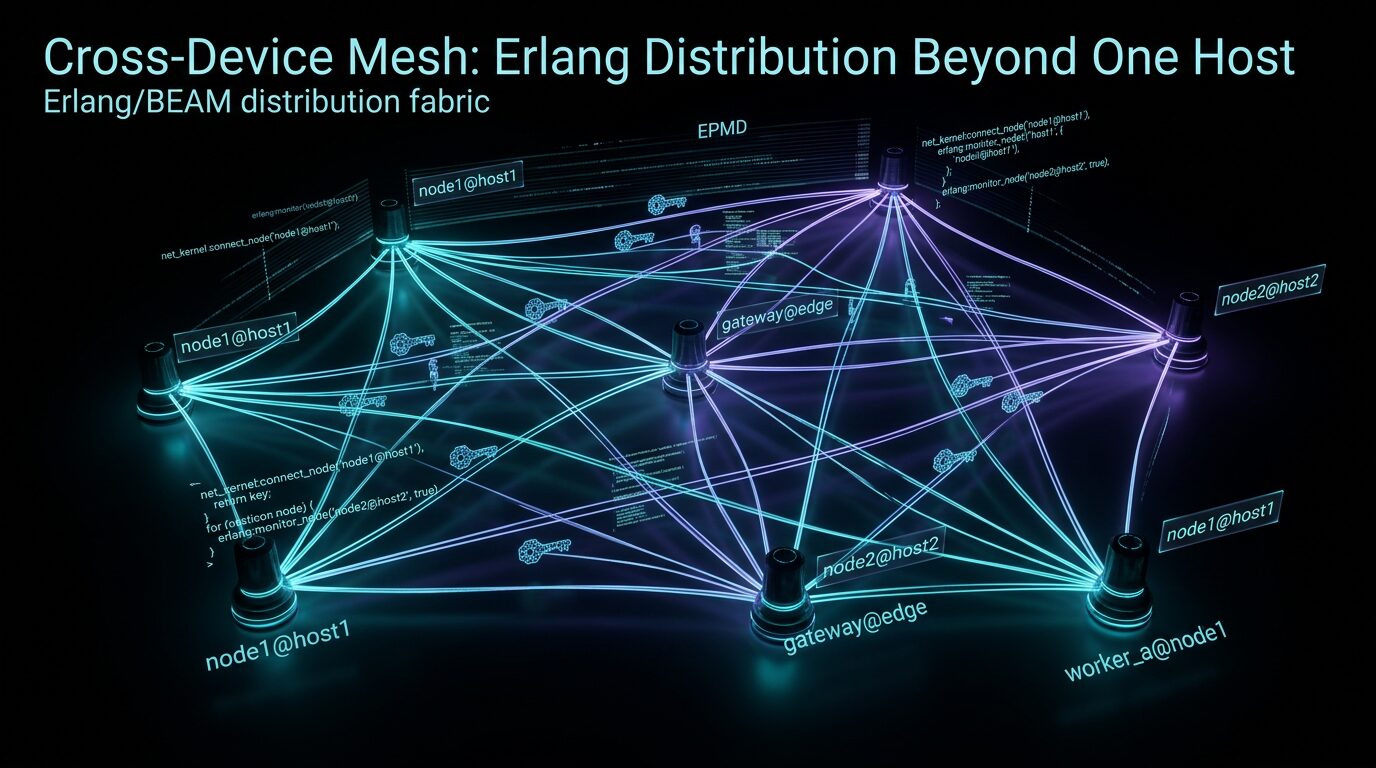 Erlang/BEAM cross-device distribution mesh with connected nodes, cypherpunk goth aesthetic