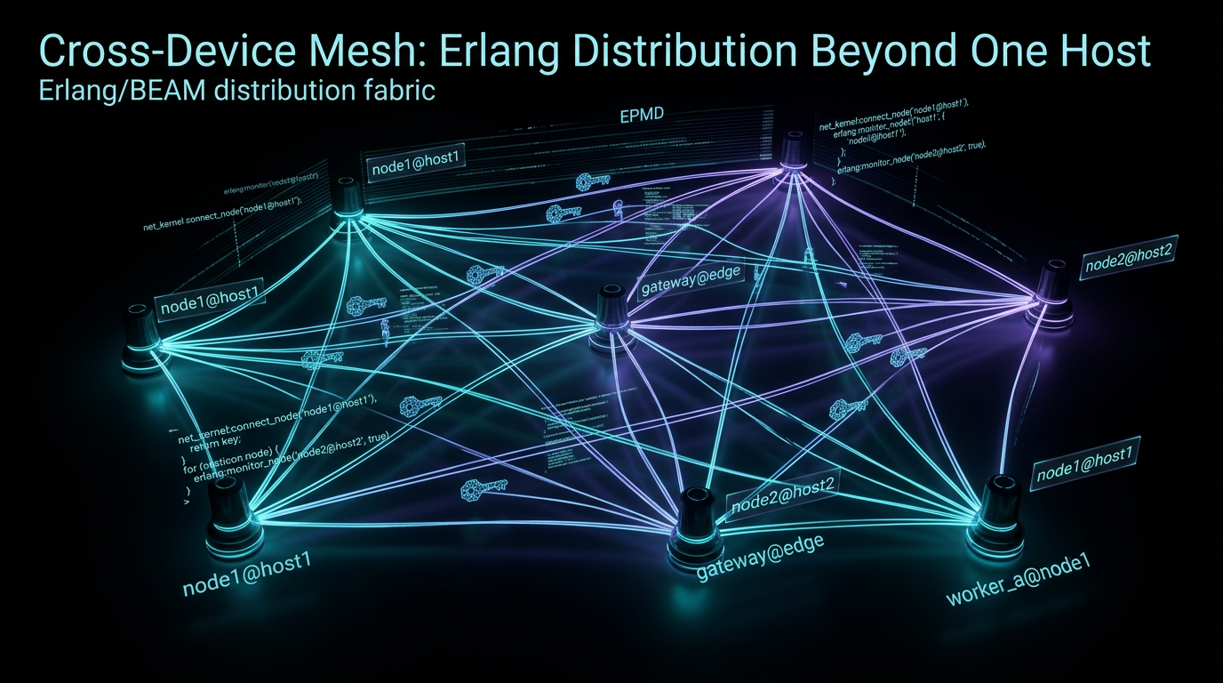 Erlang/BEAM cross-device distribution mesh with connected nodes, cypherpunk goth aesthetic
