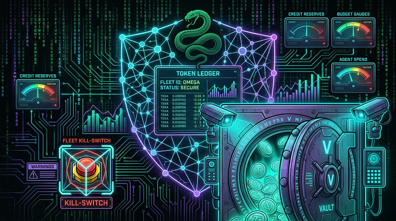 Credit safety: a vault of glowing token coins and budget gauges watched by a coiled green python across a dark cypherpunk-goth ledger