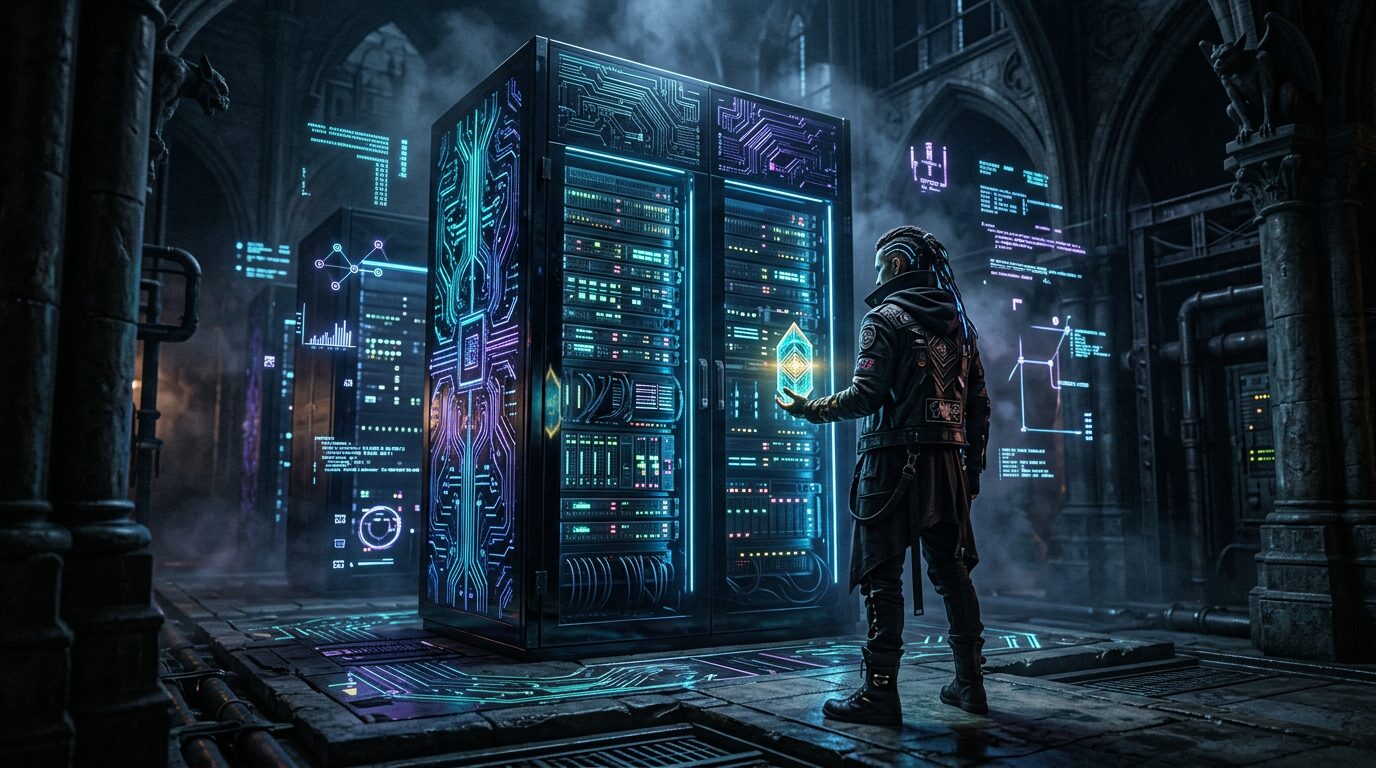 Cypherpunk goth digital sovereignty concept with neon cyan and violet server architecture