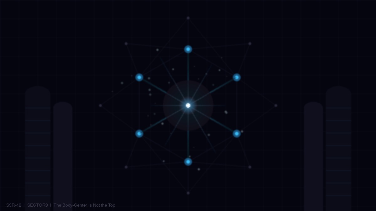 A glowing core at the center of a neon lattice, all faces connected to it — cypherpunk goth visualization of the body-center as the still point