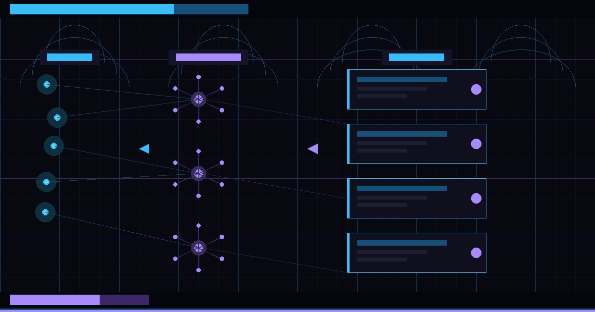 Cypherpunk goth pipeline visualization: glowing seeds branching into clusters then published series cards on a dark neon HUD