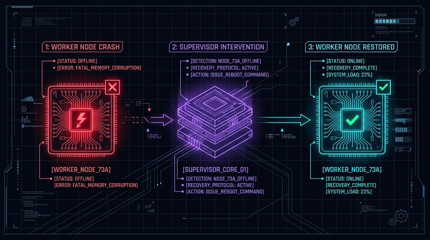 Crash recovery at organization scale — supervision trees